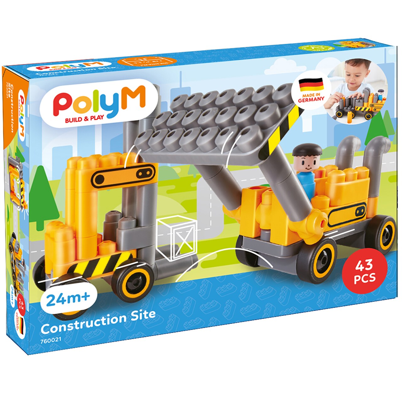 Hape: PolyM: Construction Site - Yellow-Grey - 43pc Building Blocks Toy Set, Figurine, Build & Play, Open Play & Inspiration Card, Toddlers & Kids 2+